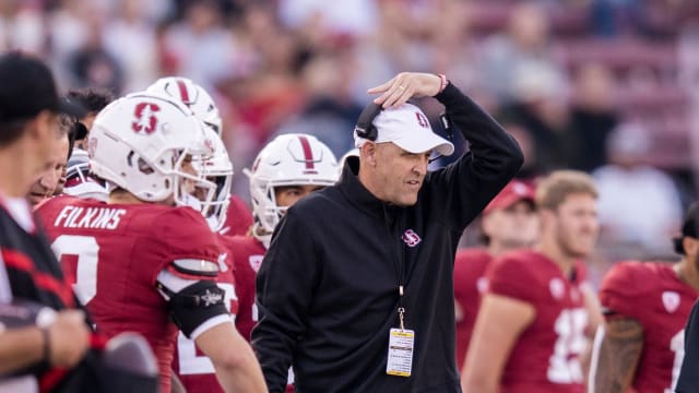 Sep 23, 2023; Stanford, California, USA; Stanford Cardinal head coach Troy Taylor reacts during the game against the Arizona Wildcats during the third quarter at Stanford Stadium. Mandatory Credit: John Hefti-USA TODAY Sports